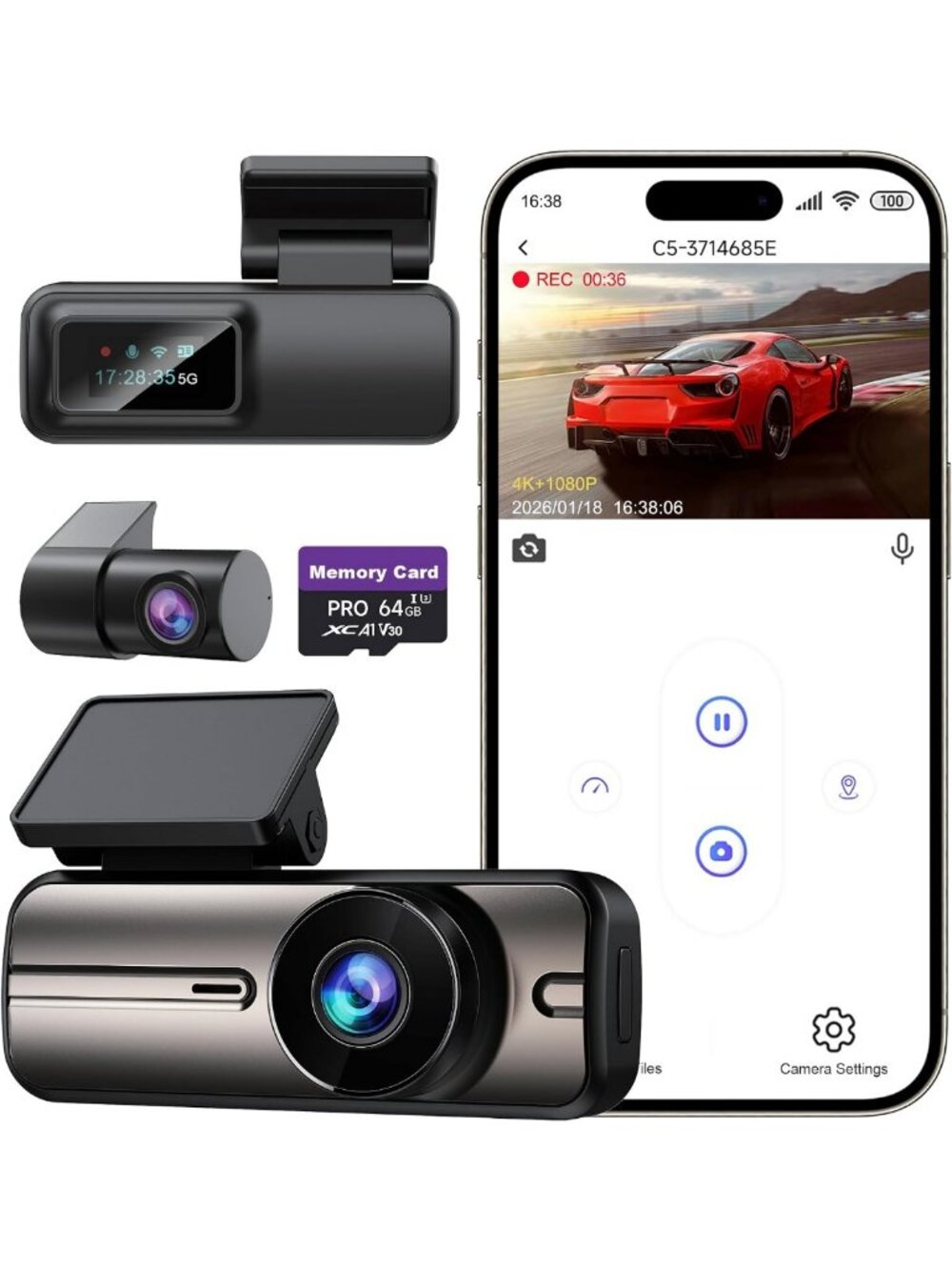 4K Front & Rear Dash Cam, 5GHz WiFi, App Control, Includes 64GB Memory Card